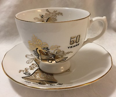 #ad Vintage Queen Anne 50 Years Porcelain Tea Cup Saucer Ridgway Anniversary England