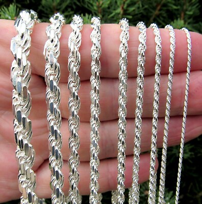 #ad 925 Sterling Silver Solid Italian Rope Chain Mens Necklace Pick Diamond Cut