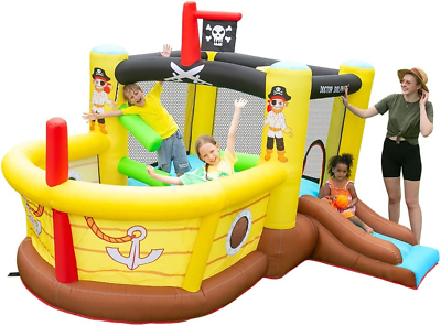 #ad Bounce House Inflatable Slide with Obstacles w Blower Pirate Ship Theme
