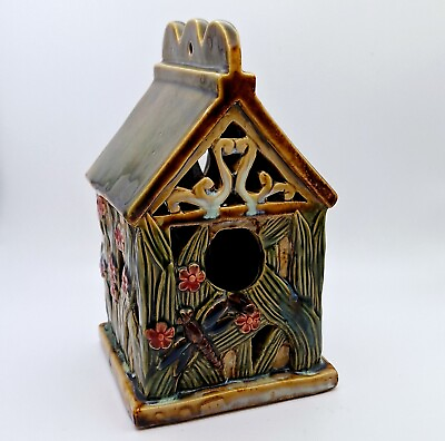 #ad Majolica Art Pottery Birdhouse 9quot; Floral Garden Design Spring Dragonfly