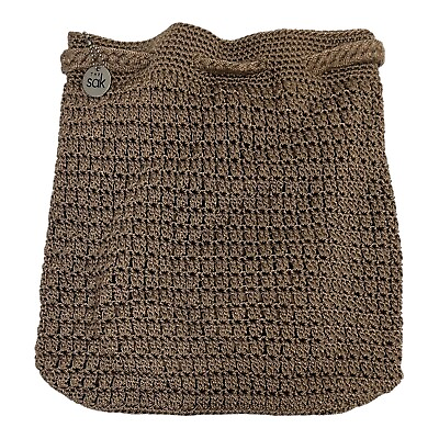 #ad THE SAK Tan Taupe Crochet Bucket Bag Backpack Drawstring Tote Purse Boho Hippie