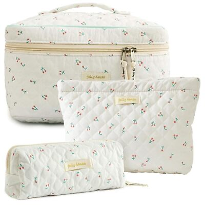 #ad 3PCS Cotton Quilted Makeup Bag Set Large Capacity Cosmetic Bag Portable Cu...