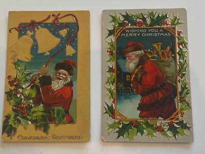 #ad Antique Christmas Postcard Embossed Santa Holly Unused 2pc AMP Series 403 Lot F