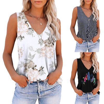 #ad Women Striped Floral Vest Tank Top Ladies Sleeveless Loose Casual Blouse Beach