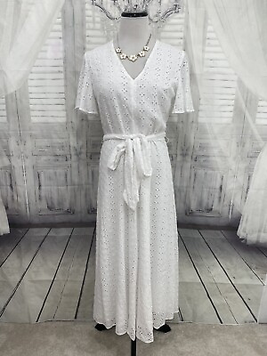 #ad Preston York Size 6 White Dress Eyelet Midi Dress Flutter Sleeve Belted NEW B40