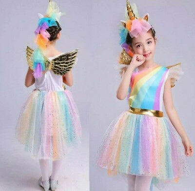 #ad US Stock Unicorn Rainbow Costume Kids Headband Halloween Girls Party Dress