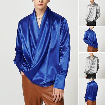 #ad Fashion Men Front Cross Long Sleeve Top Pullover Satin Sliky V Neck Shirt Blouse