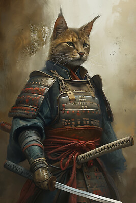 #ad WARRIOR CAT FINE ART PRINT Samurai Poster Warrior Wall Decor Fantasy Feline