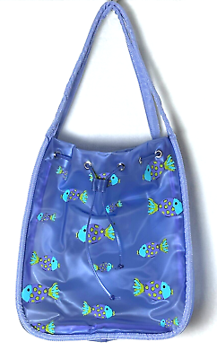 #ad Fresh Produce Tote Bag PVC Drawstrings Purple Blue Fish Printed Waterproof Beach