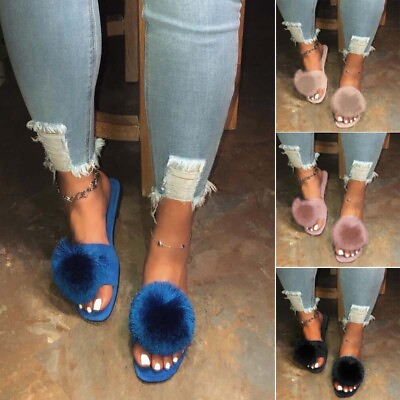 #ad Women Fluffy Fur Slippers Ladies Pom Pom Slip On Mules Slider Sandals Size Beach