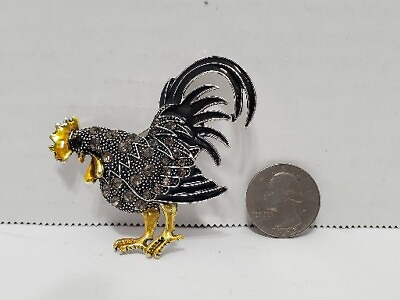 #ad Rooster Brooches Pin Black Gold Color Animal Brooch Enamel Crystal Cock