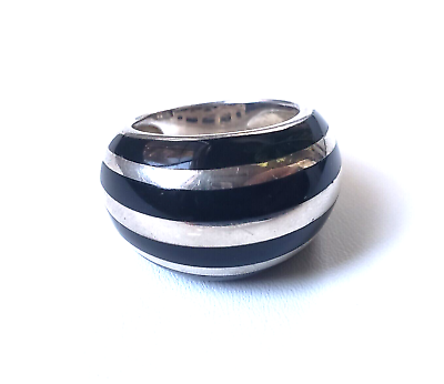 #ad Signed NJR ONYX Striped Dome Ring Size 9 Sterling Silver 925
