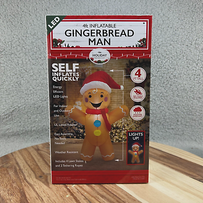 #ad Christmas Gingerbread Man 4ft Light Up Airblown Inflatable Santa Hat Holiday