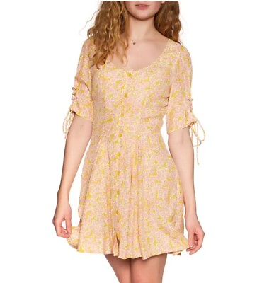 #ad NEW $128 Free People Laced Up Mini Womens Dress Flower Dress Yellow Pink Small