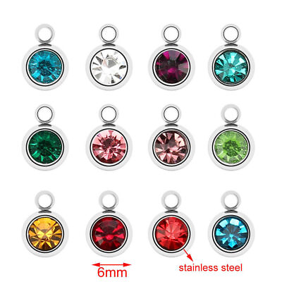 #ad 50pcs Silver tone 12 colors Stainless Steel Birthstone Crystal Charms 6mm