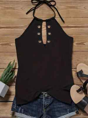 #ad Solid Keyhole Halter Top Casual Tie Back Summer Sleeveless Top