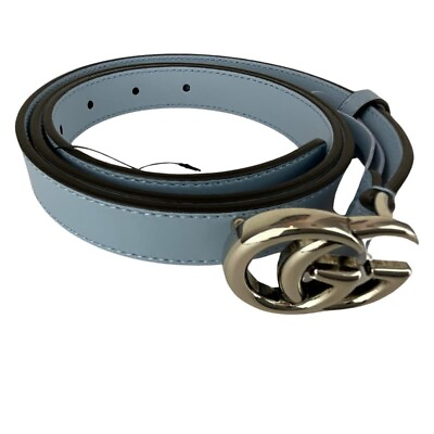 #ad Gucci Women#x27;s Gucci Light Blue Leather Belt Logo Silver GG Buckle Blue Sz 90.36