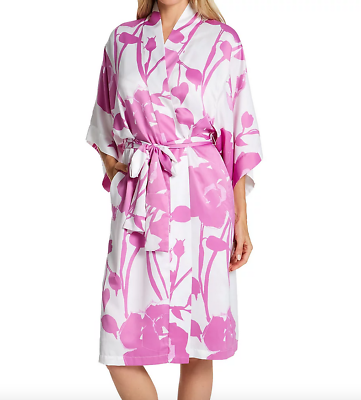 #ad Natori Nara Robe Satin 3 4 Sleeves Self Tie Belt Floral Pink White Medium New