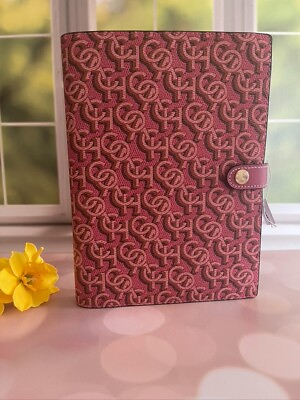 #ad Coach Notebook with Signature Monogram Print Gold Rouge Pink Leather Canvas NWT