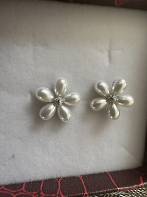 #ad 925 Sterling Silver Freshwater Pearl Flower Stud Earrings