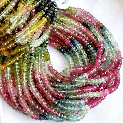 #ad Tourmaline Faceted Bead Natural Gemstone Rondelle Loose 4mm 14quot; 1 Strand 113 365