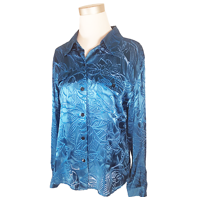 #ad CHICO#x27;S 1=M Blue Rayon Silk Blend Burnout Button Front Shirt Blouse NWT $129