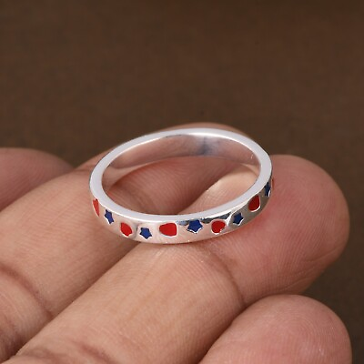 #ad Sterling Silver Red And Blue Enamel Band Ring Heart amp; Star Engraved Designer