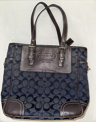 #ad Coach Blue Jacquard Brown Leather Trim Tote Shoulder Carryall Handbag F10659