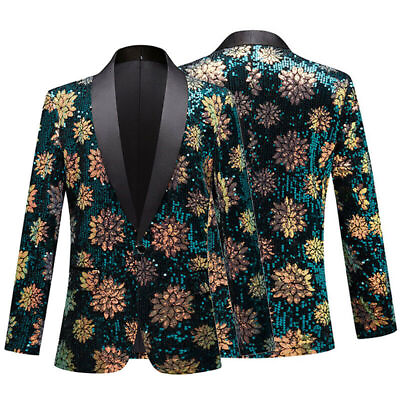 #ad Men Flower Sequin Suit Jacket Dress Blazer Stage Showman Costume Coat Party