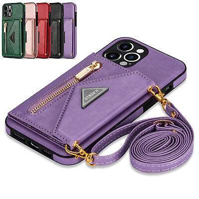 For iPhone 14 13 Pro Max 12 11 XS XR 87 Leather Card Wallet Case Crossbody Strap