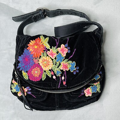 #ad Lucky Brand Bag Stash Shoulder Black Floral Embroidered Purse Velvet Hobo Boho