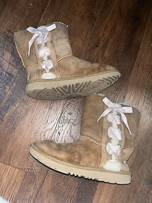 #ad Size 3 UGG Girls Kids Pala Pull on Boot Chestnut Mid Calf Pink Ribbon Bow