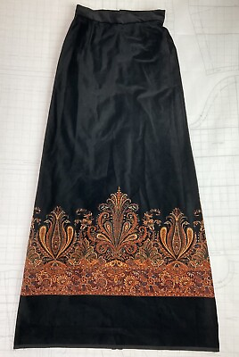 #ad Vintage Black Embroidery Floral Orange Pattern Velour Long Skirt Size Small