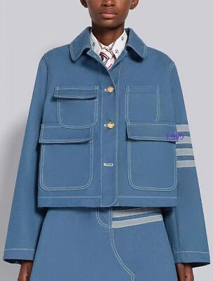#ad Thom Browne Womens Collar Denim Coat Contrasting Long Sleeve Short Top