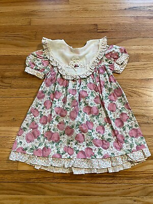 #ad VTG Little Precious Toddler Pink Apples Floral Holiday Dress Lace Trim 3T