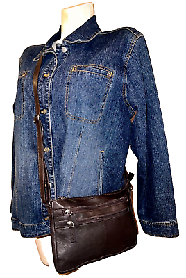 #ad Purse Brown Genuine Leather Multi Zippered Pocket Crossbody Shoulder Bag