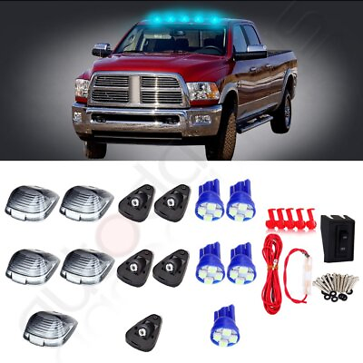 #ad 5X SMOKE LENS ROOF CAB MARKER LIGHTS ICE BLUE LED BULB FOR FORD PICKUP TRUCK