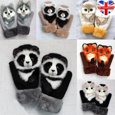 Womens Fluffy Knitted Gloves Cute Girls Cartoon 3D Animal Winter Thermal MitteLK $15.62
