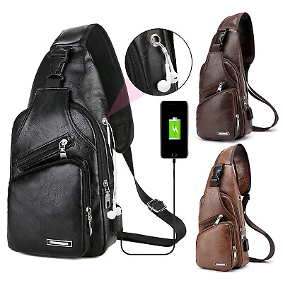 Men Leather Sling Bag Chest Shoulder Crossbody Backpack USB Charging Port Travel $8.98