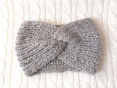 #ad Handmade Crochet Earwarmer Headband Twist Knot Front Gray W Sequin Accent