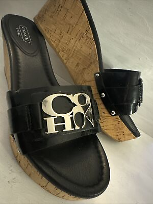 #ad Coach Jen Slide Black Patent Leather Platform Cork Wedge Heel Size Medium 10 EUC