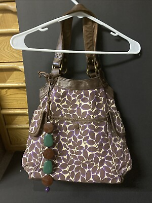#ad Lucky Brand Genuine Brown Leather and Floral Print Canvas Hobo Bag Purse