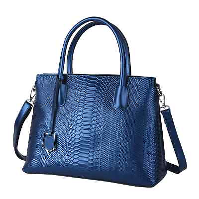 #ad Metallic Blue Leather Snakeskin Embossed Convertible Bag with Shoulder Strap