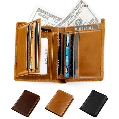 #ad Real Leather Slim Wallets For Men Trifold Mens Wallet W ID Window RFID Blocking