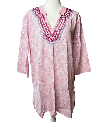 #ad Hatley Womens Top Pink White Size Medium Tunic Embroidered Organic Cotton