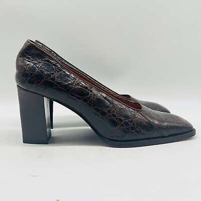 #ad Ralph Lauren Purple Label Heels Womens 6.5 Brown Leather Vintage Block Pump Shoe