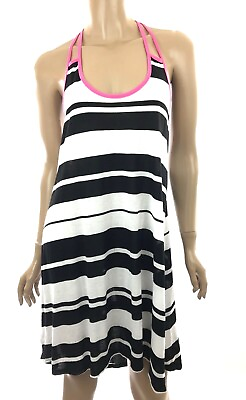 #ad Blue Life Sz S Dress Cover Up Black amp; White Stripes Pink Trim Racerback Rayon