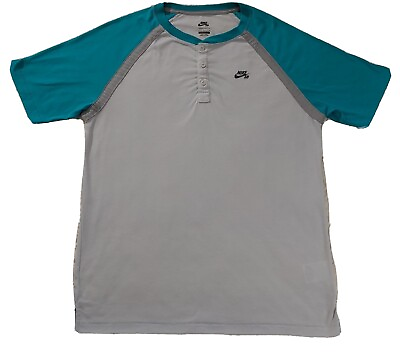 #ad Nike SB Shirt Large White Aqua Teal Grey Henley Skater Vintage 612810 026