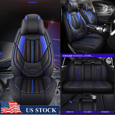 #ad Car PU leather 5D Seat Cover FrontRear Cushion BlackBlue All Seaons Universal