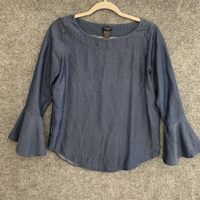 #ad Ann Taylor Top Petite PXS Blue Chambray Popover Blouse Boatneck Bell Sleeves